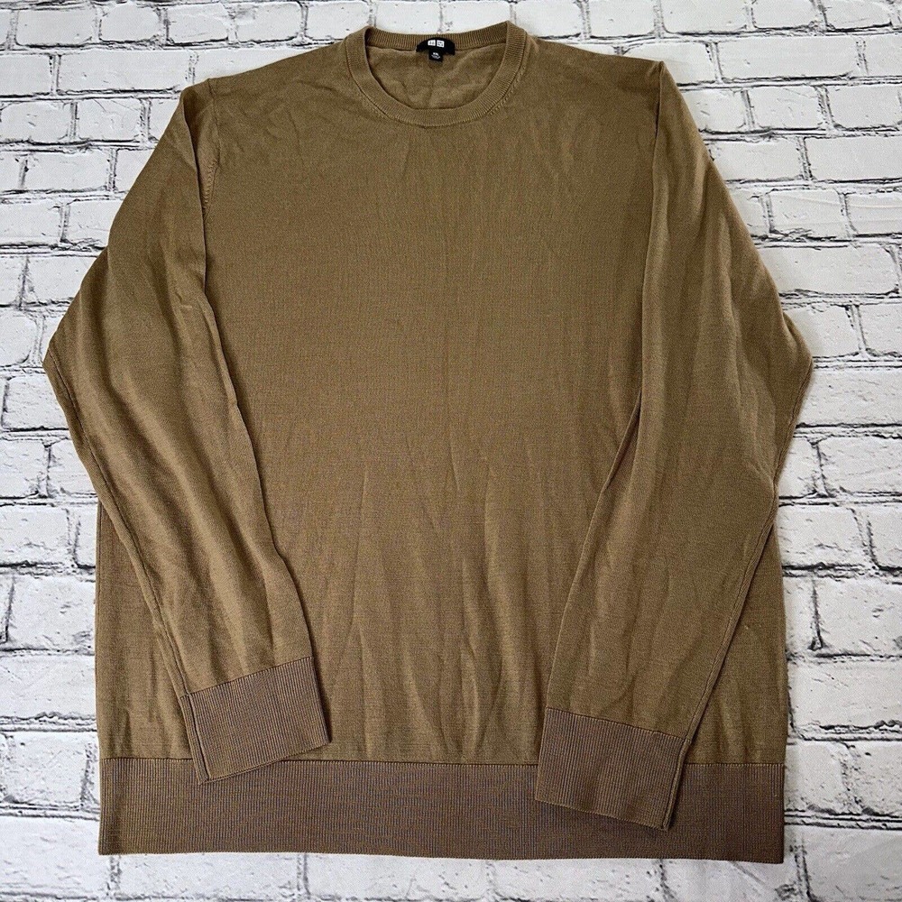 Uniqlo Men's Wool Sweater Long Sleeve Pullover Size XXL Brown Pure New Wool